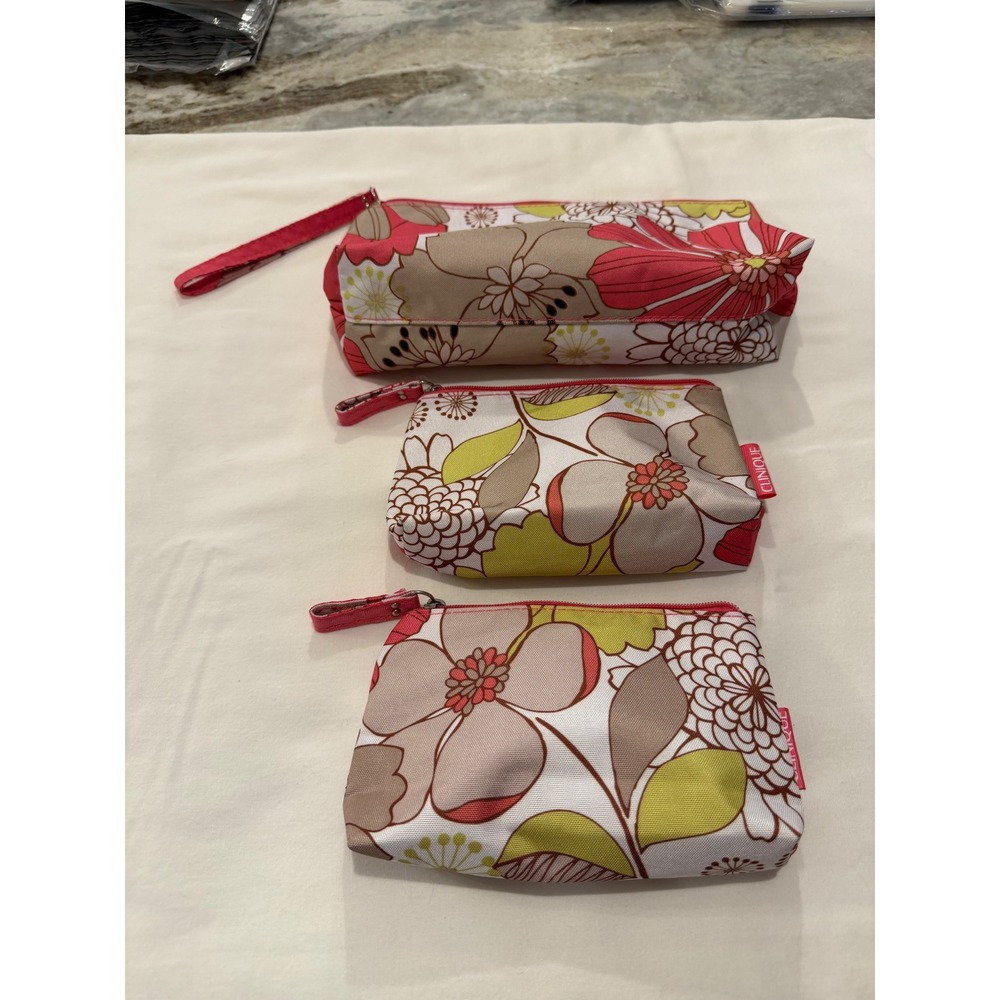 Clinique Floral Cosmetic Bag Set 3 Piece Nesting Pink Green Tan Travel Pouches